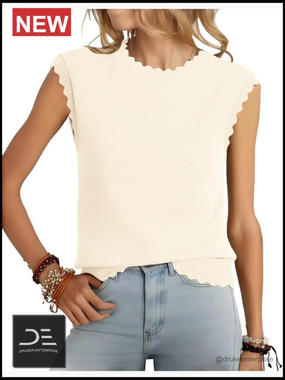 Sleeveless Sweater Vest Crew Neck Knit Top Scallop Tank Business Casual
